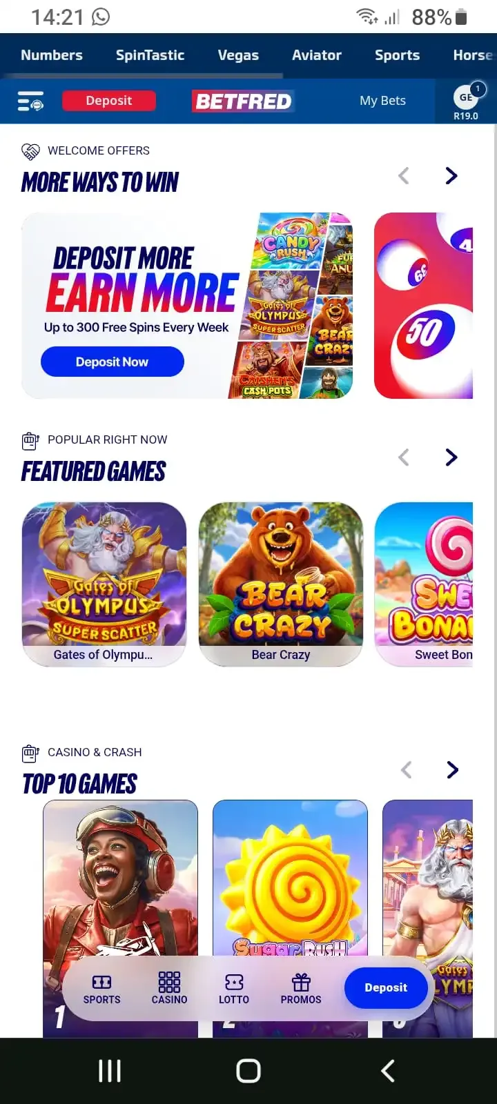 Screenshot of Betfred app homescreen