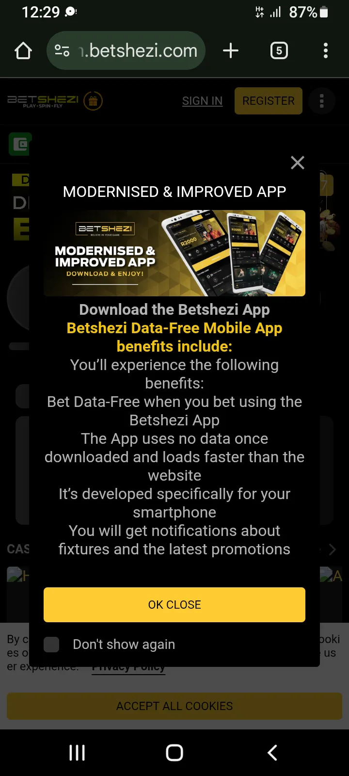 Screenshot of pop-up telling you to Download the app for Betshezi Review