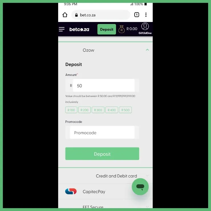 Bet.co.za deposit methods with promo code field available.
