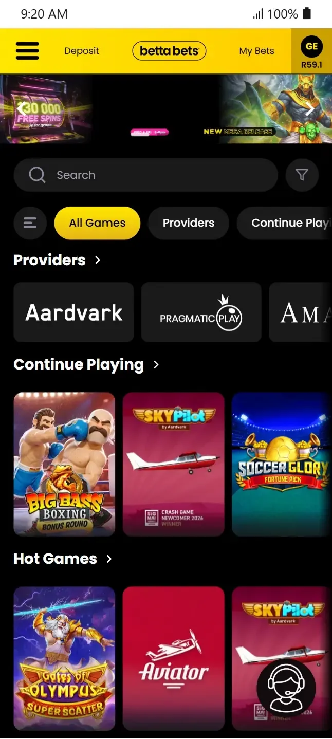 Bettabets Vegas Games page showing Big Bass Boxing, Sky Pilot, Soccer Glory, Gates of Olympus Super Scatter, Aviator.