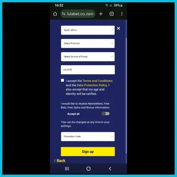 Lulabet registration form