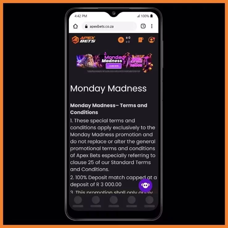 Apexbets Monday Madness promotional banner and terms. 100% deposit match of R3,000 for slots only.