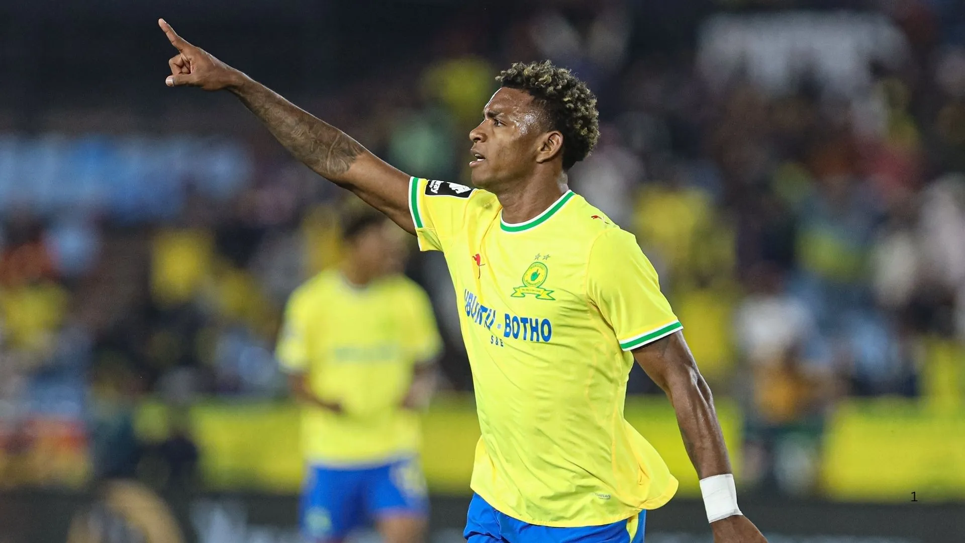 Mamelodi Sundowns striker Brayan Leon celebrates after scoring.