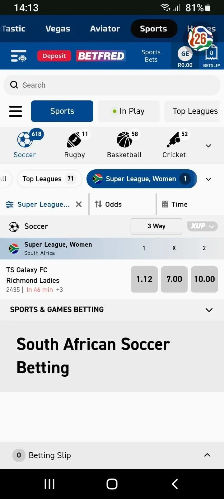 Betfred South Africa soccer market showing the TS Galaxy FC vs Richmond Ladies match available for betting.
