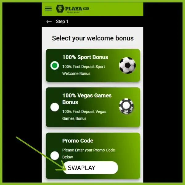 Playabets promo code bar and welcome bonus options (Sports Bonus & Vega Games Bonus)