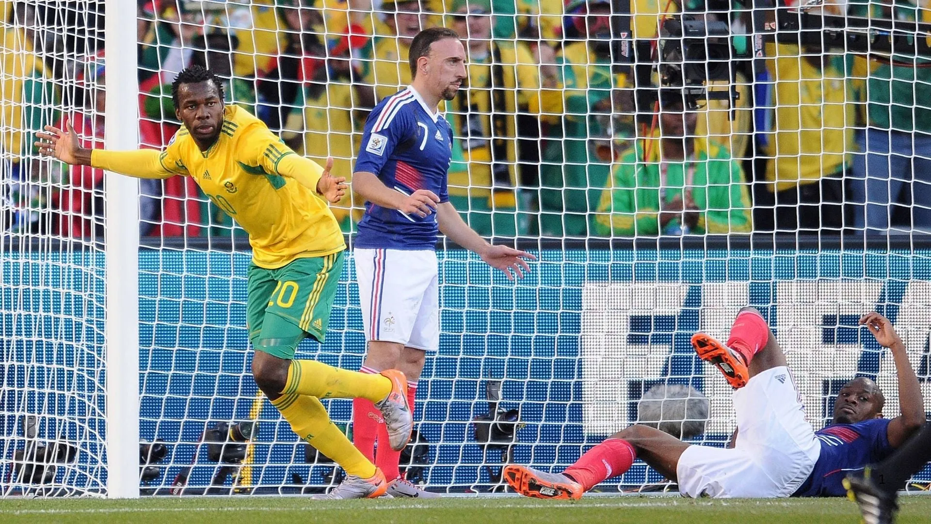 Bongani Khumalo celebrates his goal against France at the 2010 World Cup. 