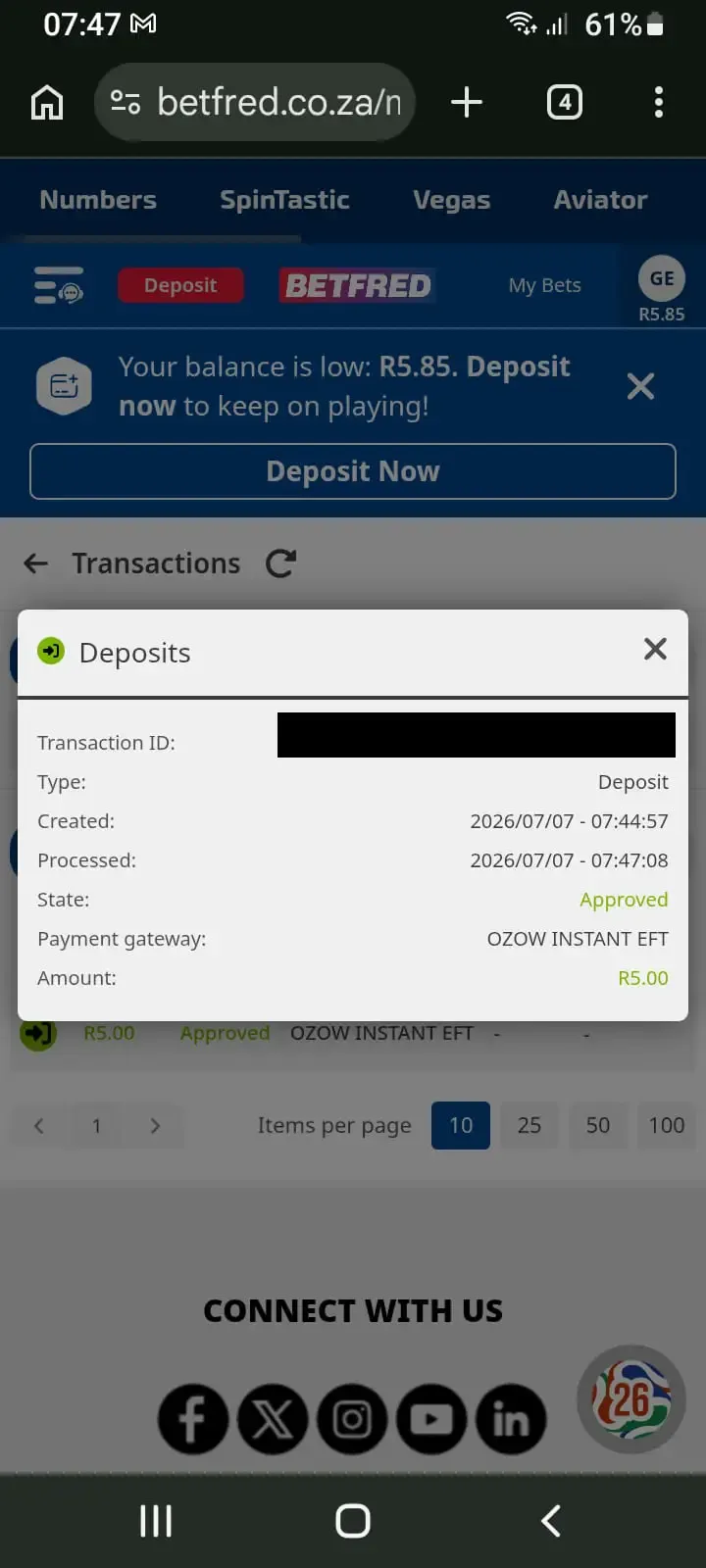 Confirmation of R5 deposit made via Ozow for Betfred login bonus.