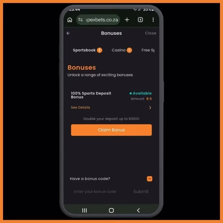 Bonuses Page showing a 100% deposit match up to R3,000 and field for Apexbets promo code.