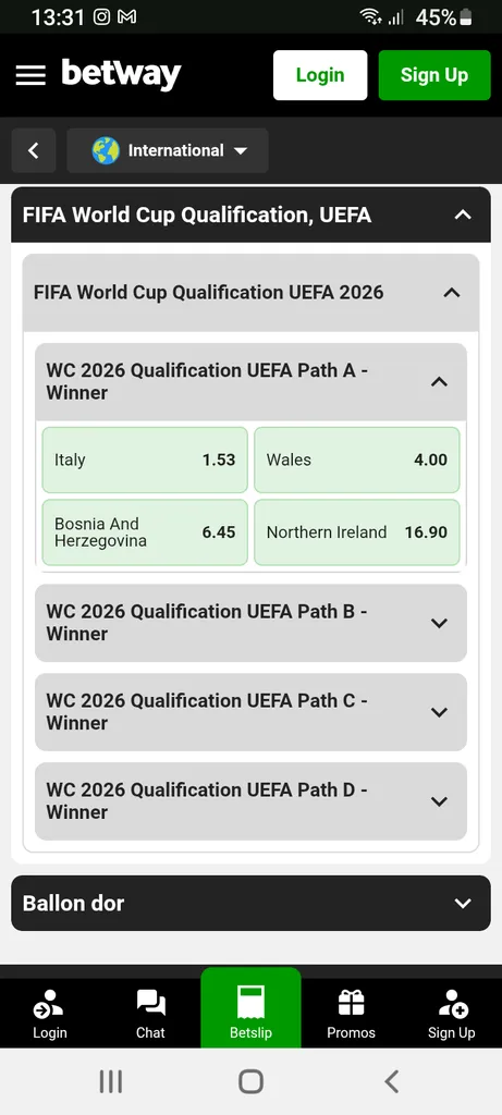 Betway World Cup Qualifier Group A Odds

Shows the following World Cup odds:
- Italy (1.53)
- Wales (4.00) 
- Bosnia and Herzegovina (6.45) 
- Northern Ireland (16.90)