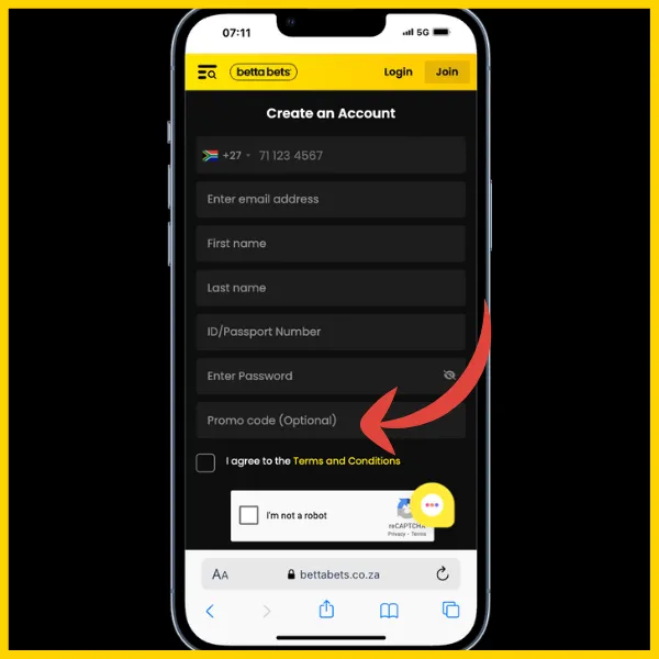 Registration form on Bettabets Create and Account page. Red arrow pointing to Promo Code (Optional) field. 
