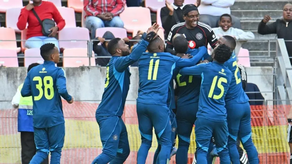 Orlando Pirates players celebrate Patrick Maswanganyi's goal against Chippa United.
