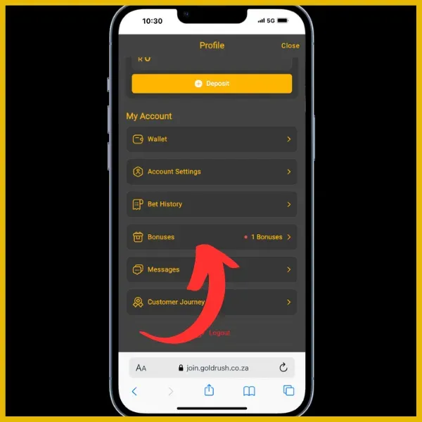 Red arrow pointing to Bonuses section on the Goldrush site