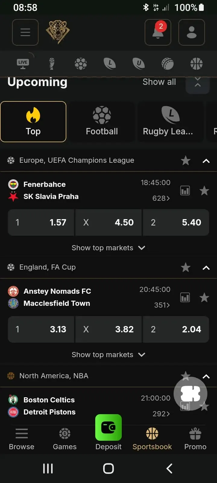 Pantherbet sportsbook mobile interface displaying live odds and upcoming UEFA Champions League matches on one of the new betting sites South Africa 2026