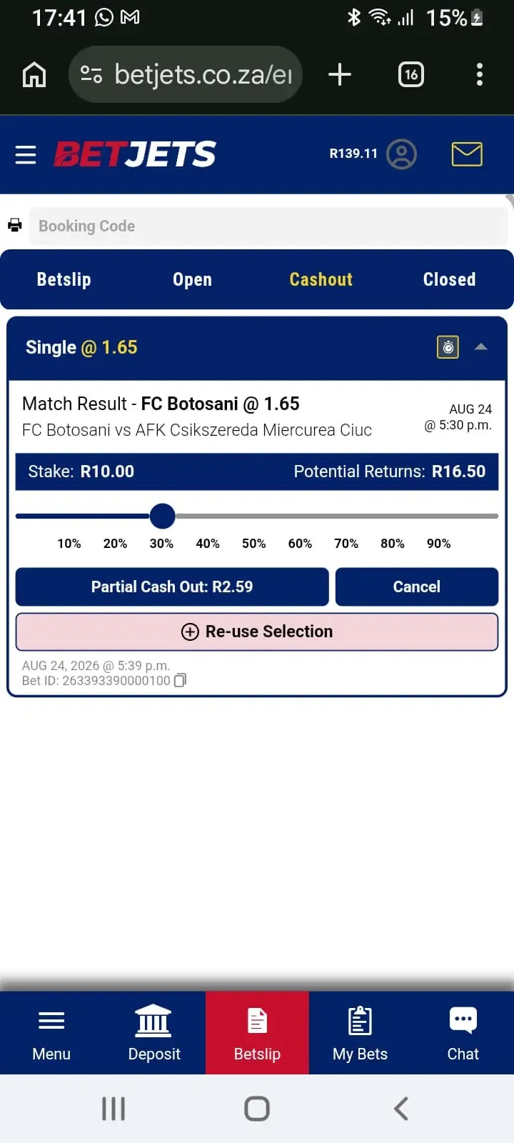 Partial cashout slider in the betslip of the BetJets app