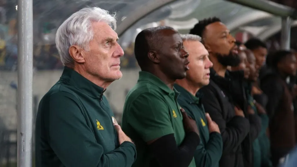 Hugo Broos and his technical bench. Photo Bafana Bafana