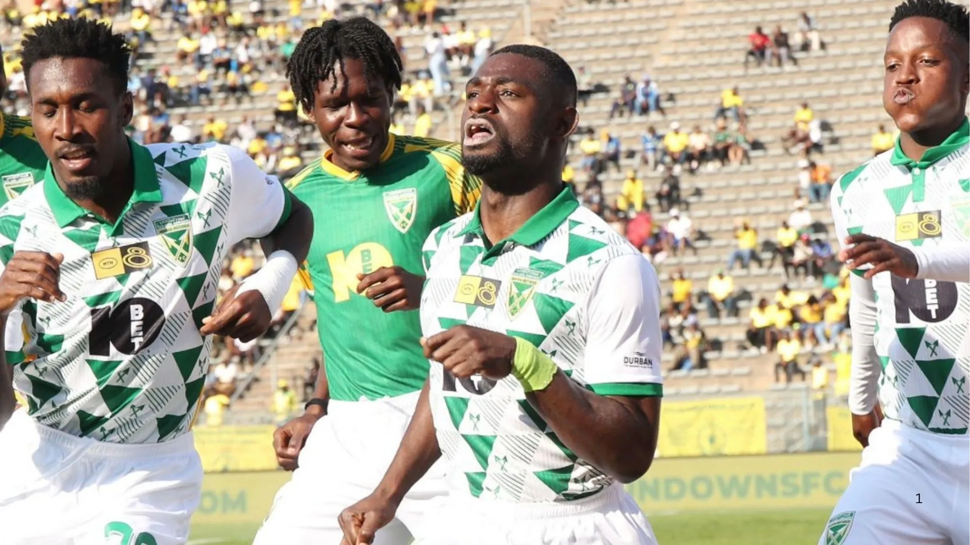 Junior Dion of Golden Arrows celebrates his goal against Mamelodi Sundowns with teammates.