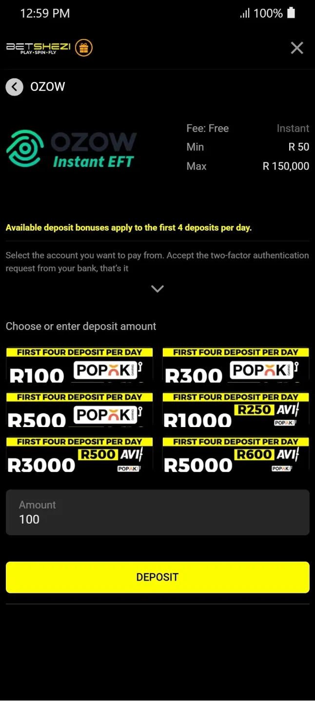 OZOW Instant EFT payment option on Betshezi South Africa