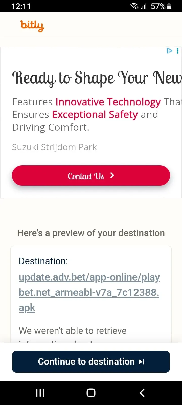 Screenshot of in-app Bit.ly page to download update file.