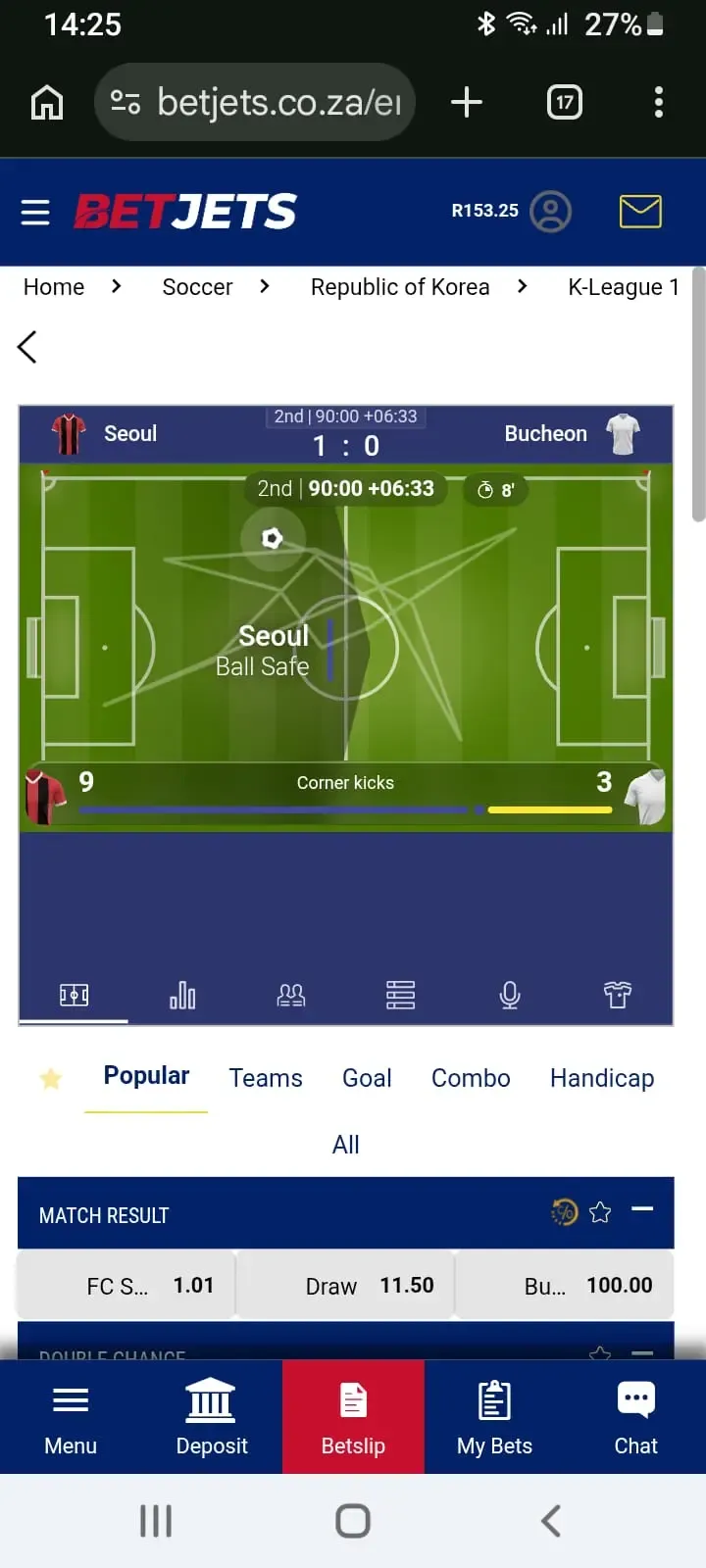 2D match tracker for live betting in the BetJets app.
