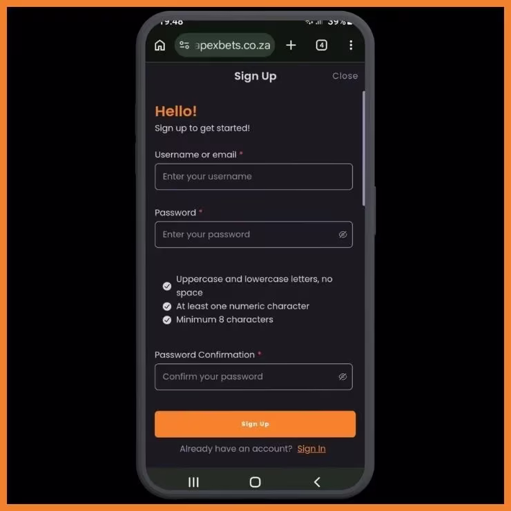 Apexbets Sign Up form showing fields for username and password.