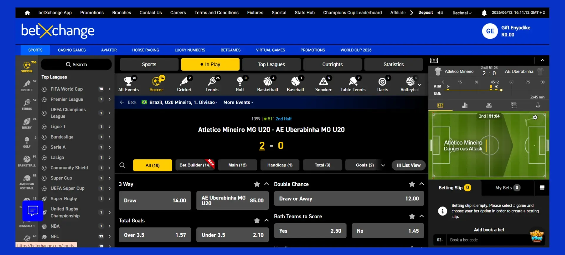 Betxchange In-Play betting for Atletico Mineiro MG U20 vs AE Uberabinha MG U20.