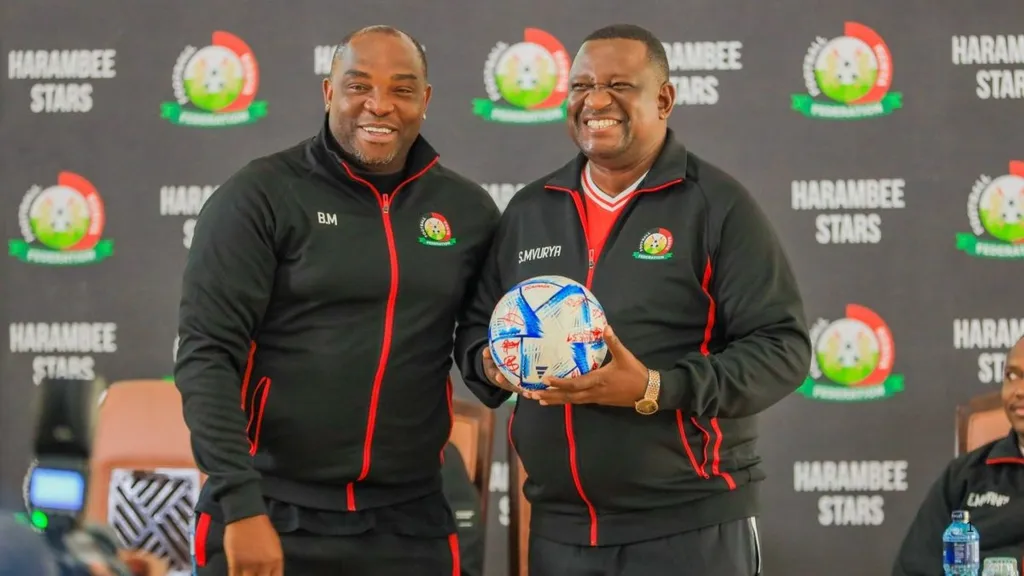 Sports CS Salim Mvurya (right) with Harambee Stars coach Benni McCarthy. Photo -Salim Mvurya X