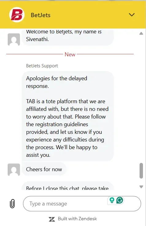 Human agent response on Live Chat  stating that TAB is an affiliate tote brand.