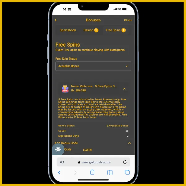 Free spins bonus page on the Goldrush site