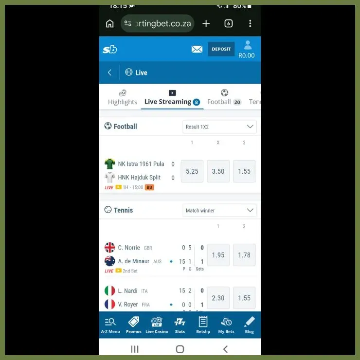 Sportingbet Live Streaming tab on the Live betting page.