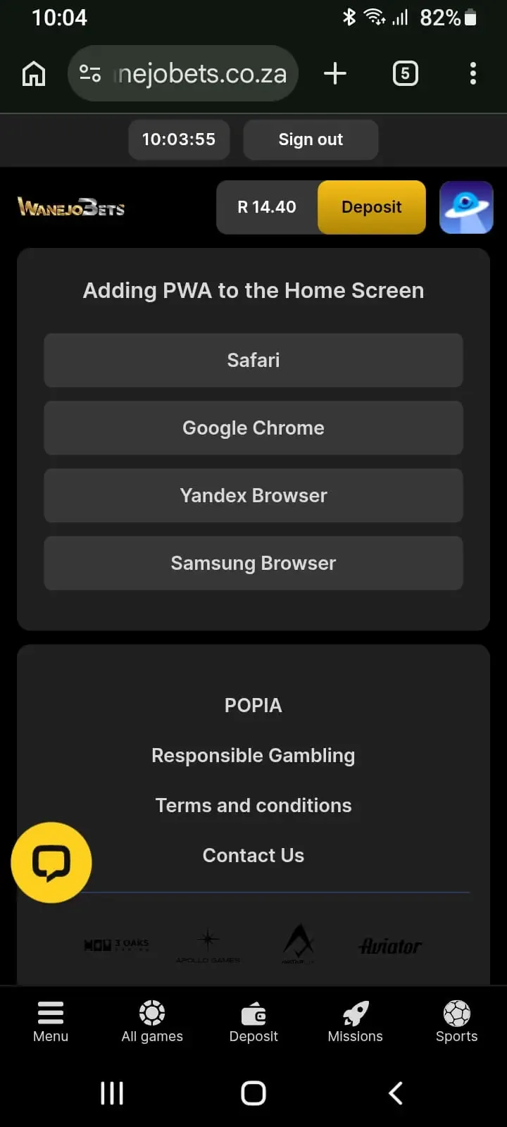 WanejoBets Progressive Web App (PWA) download screen.