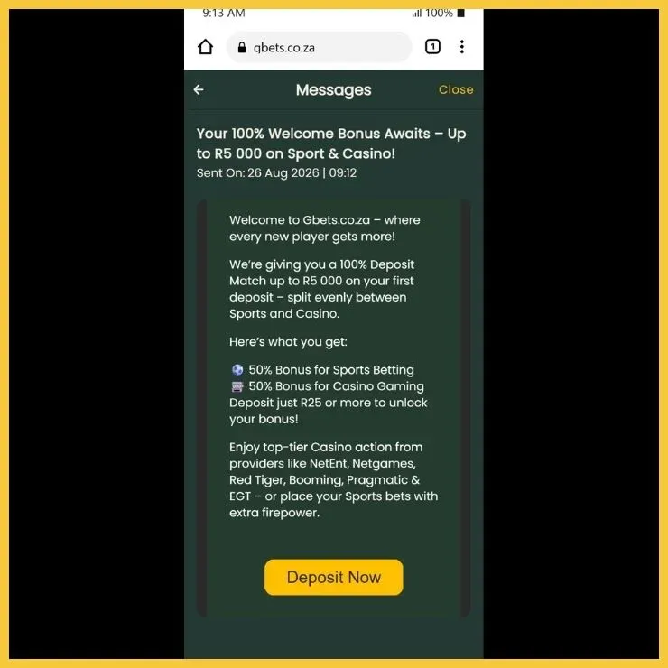 Gbets bonus message received with Deposit Now button.