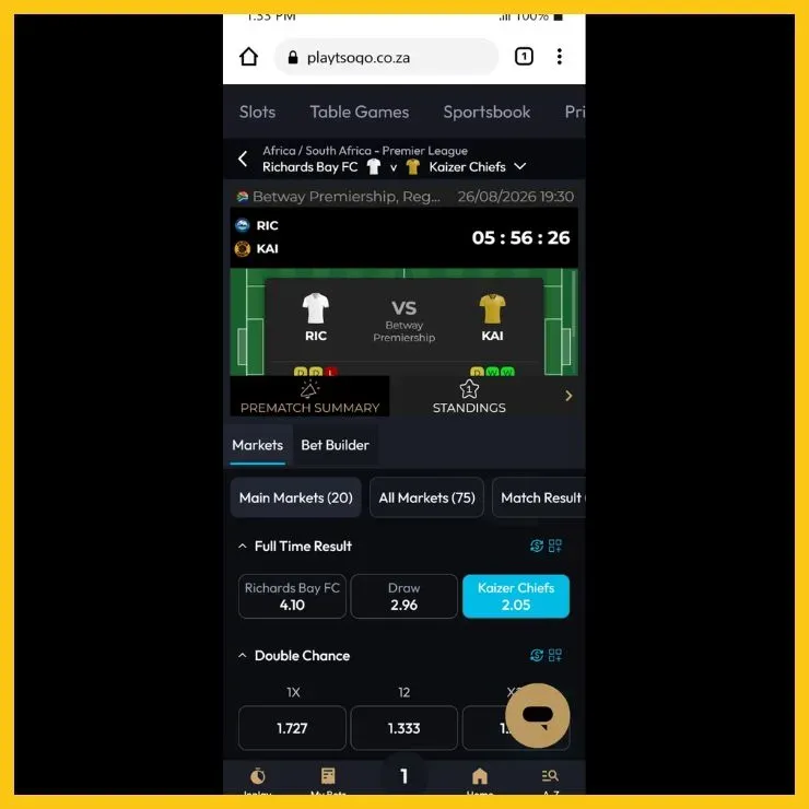 Playtsogo wagering example: Richards Bay vs Kaizer Chefs with Chiefs winning at 2.05