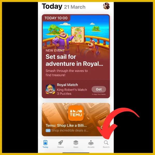 Red arrow pointing to search button on the Apple App Store