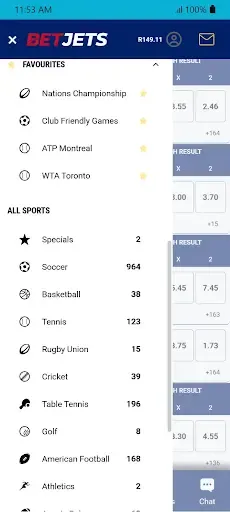 BetJets left sidemenu showing list of available sports.