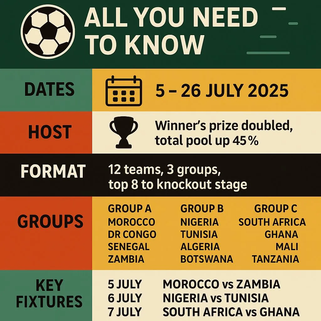 Infographic for the 2025 TotalEnergies CAF Women’s Africa Cup of Nations (WAFCON) in Morocco. __Desi