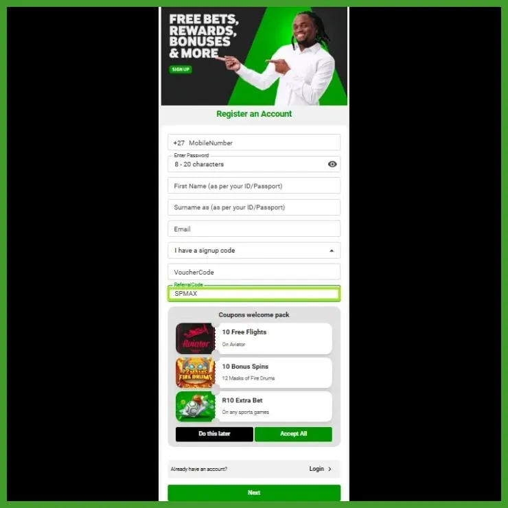 Step-by-step guide to entering Betway sign up code SPMAX on registration form.