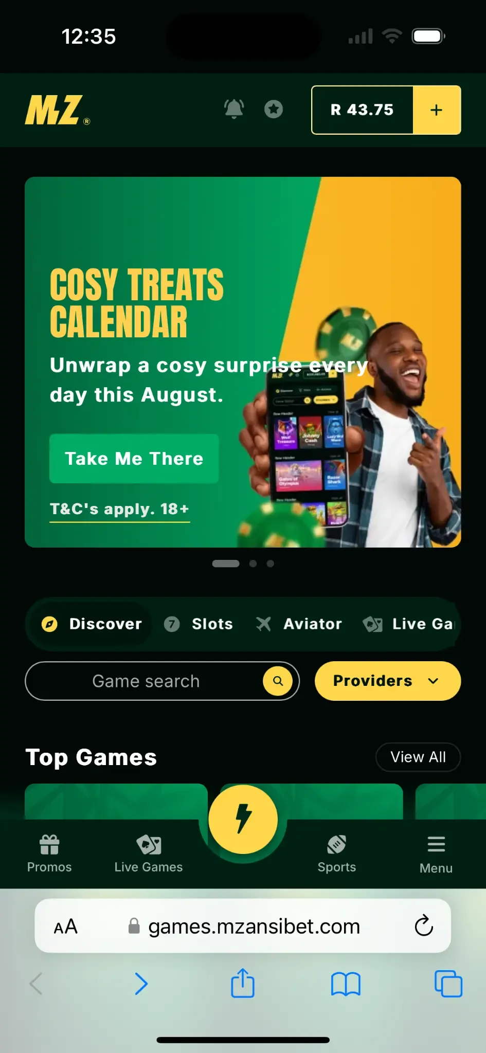 Mzansibet mobile homescreen on iOS Safari