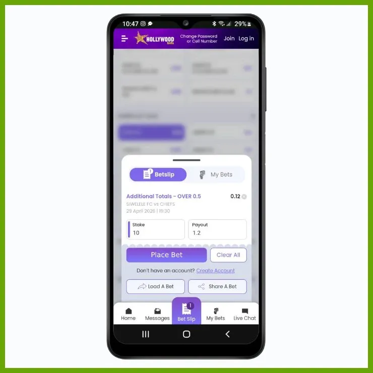 Hollywoodbets bet slip showing an Over 0.5 Goals selection, illustrating the over 0.5 goals meaning in betting.