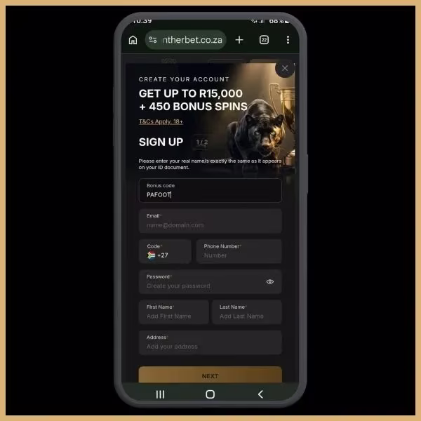 Pantherbet sign up step 2: First page of Registration from with Pantherbet Promo code PAFOOT filled in