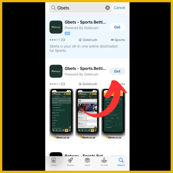 Red Arrow pointing to the Get button on the app store to download the Gbets app