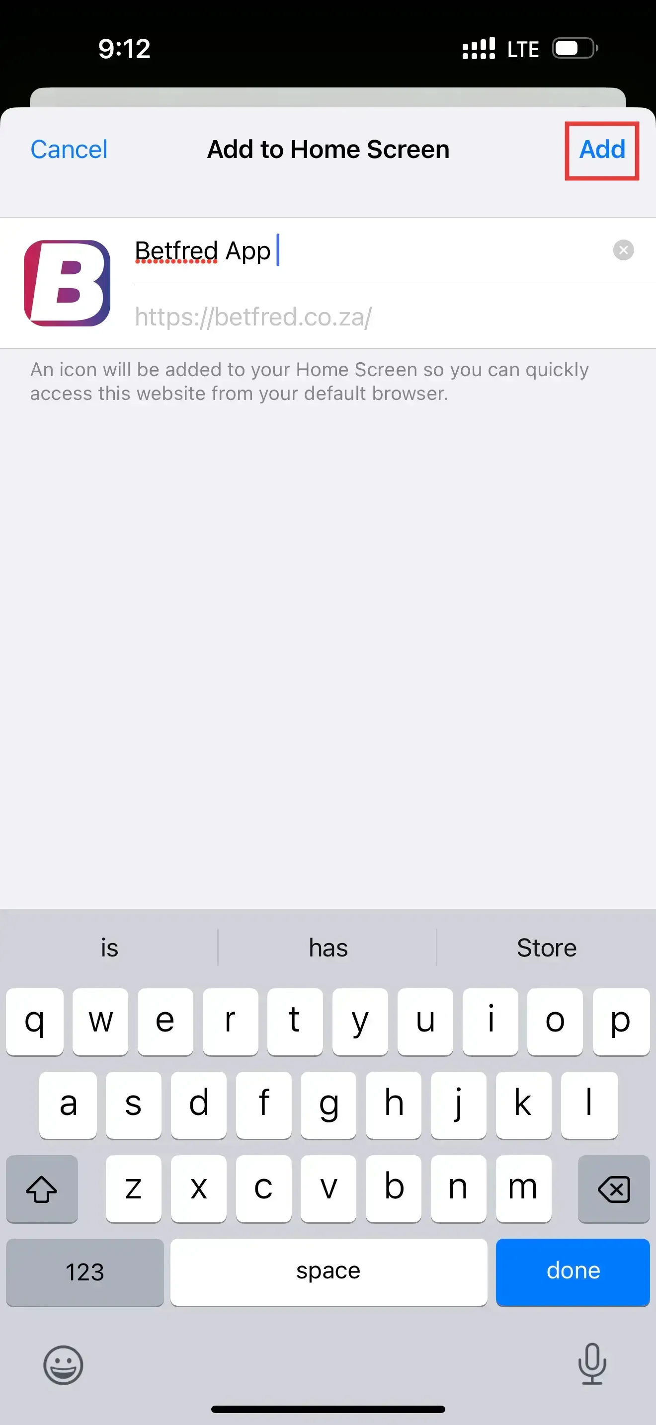 Screenshot of Betfred iOS download window with shortcut now labelled "Betfred App" with "Add" button highlighted on the top right.