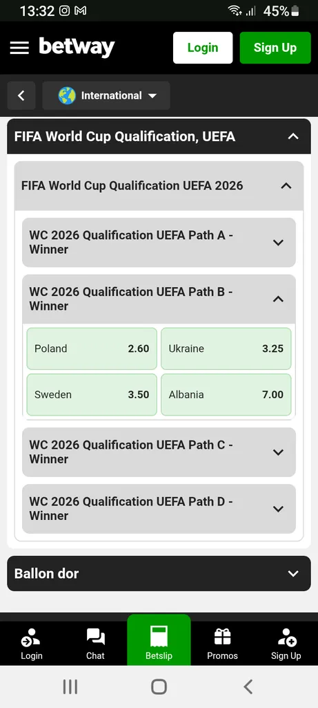 Betway World Cup Qualifier Group B Odds

Shows the following World Cup odds:
- Poland (2.60)
- Ukraine (3.25)
- Sweden (3.50)
- Albania (7.00)