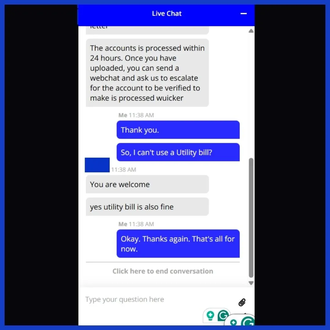 Betxchange Live Chat test 4, where we ask about utility bill for proof of address.