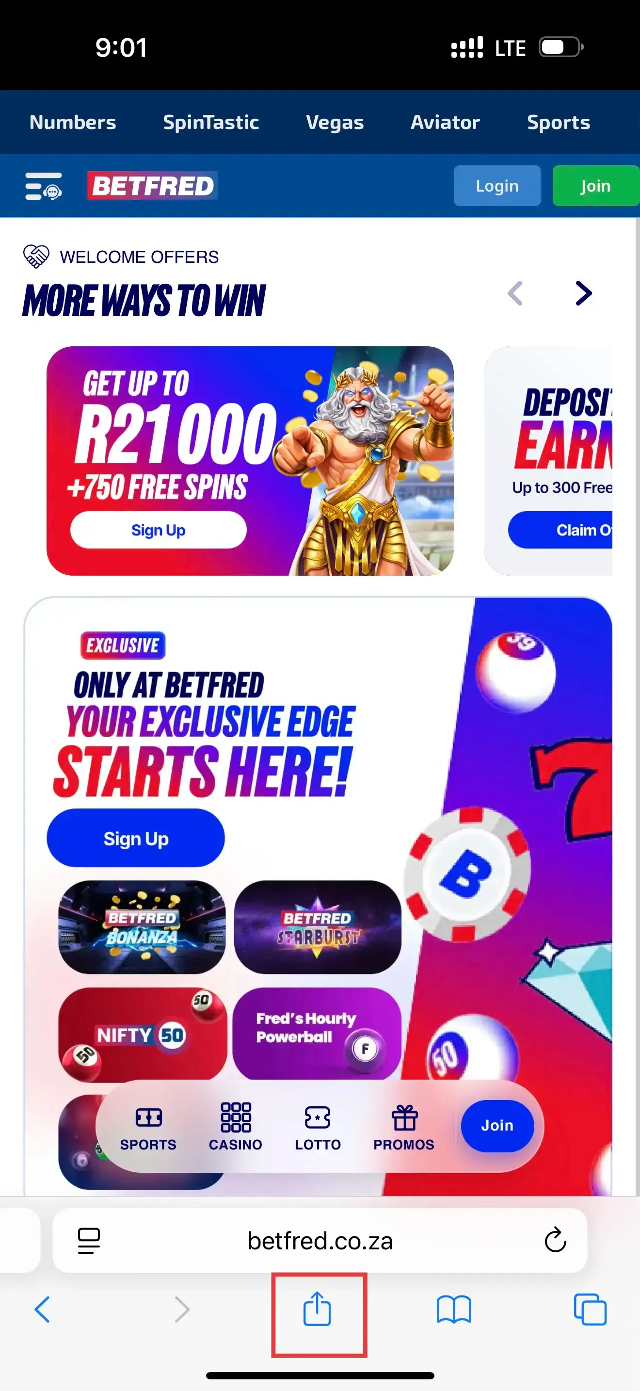 Betfred mobile homepage on Safari browser