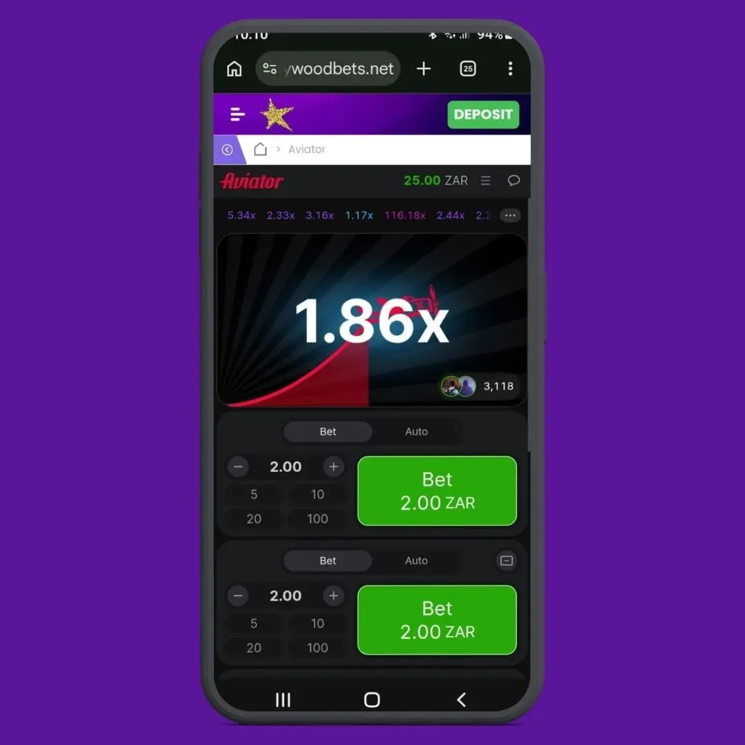 Screenshot of how to play Aviator on Hollywoodbets site with two green "Bet" buttons and a 1.86x multiplier.