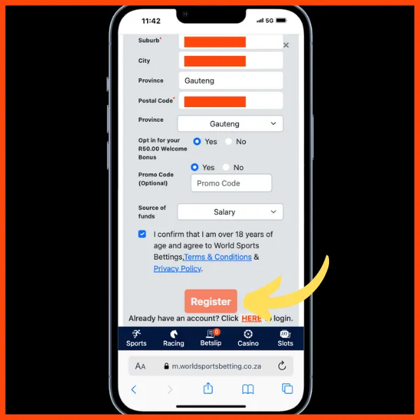 WSB Registration page. Fields of suburb, city, province, postal code, and province. yes and no options for R50 welcome bonus. Promo code field and orange register button