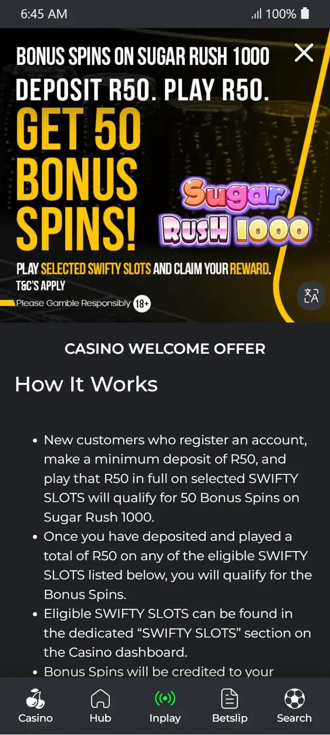 Swifty Sports welcome bonus for casino: 50 Bonus Spins