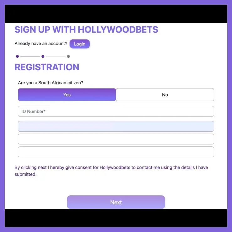 Hollywoodbets Register Form Page 1.