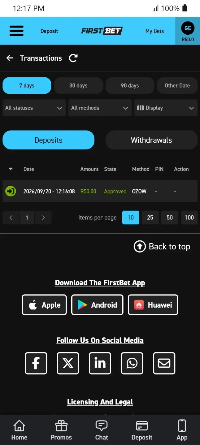 Firstbet transaction history page showing an approved instant EFT deposit of R50.00 processed through Ozow.
