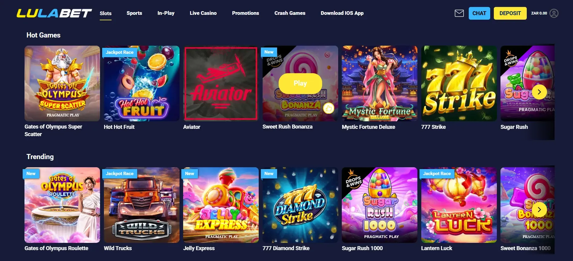 Screenshot of Lulabet Slots library with Gates of Olumpus Super Scatter, Hot Hot Fruit and Aviator are three of the "Hot Games".